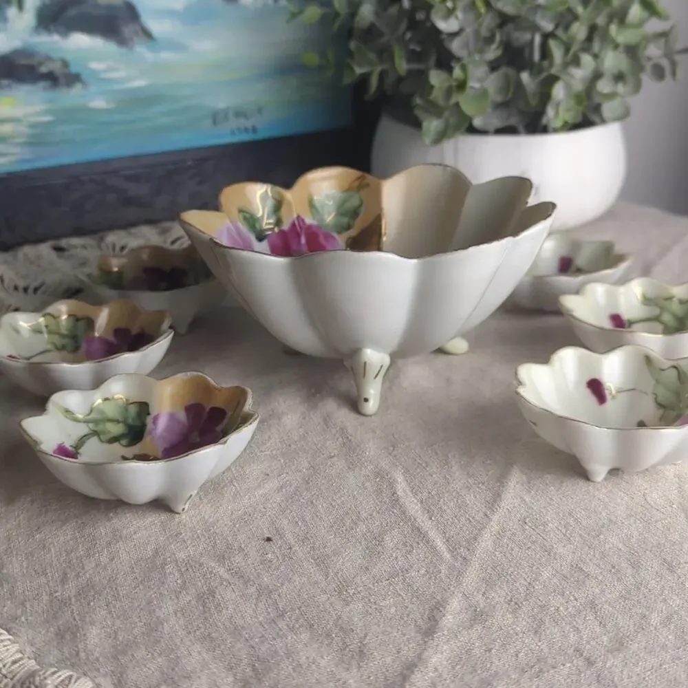 Vintage Made in Japan Porcelain Relish Server Set 3-Footed Bowl & 6 Floral bowls